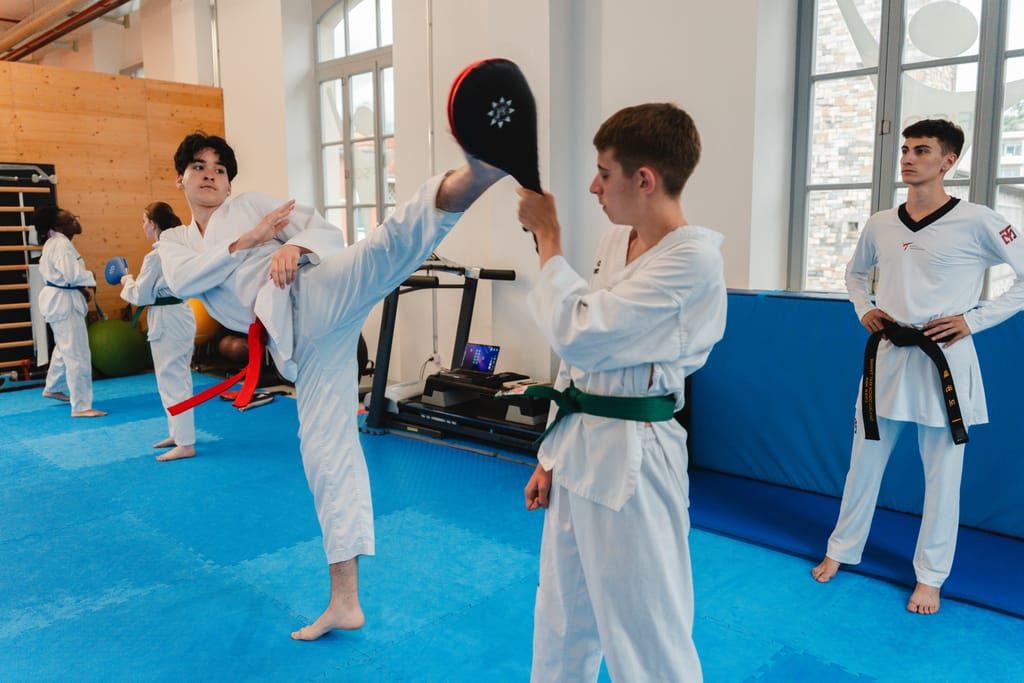 Ragazzo esegue un calcio circolare al colpitore con determinazione, l'allenamento costante che porta al risultato